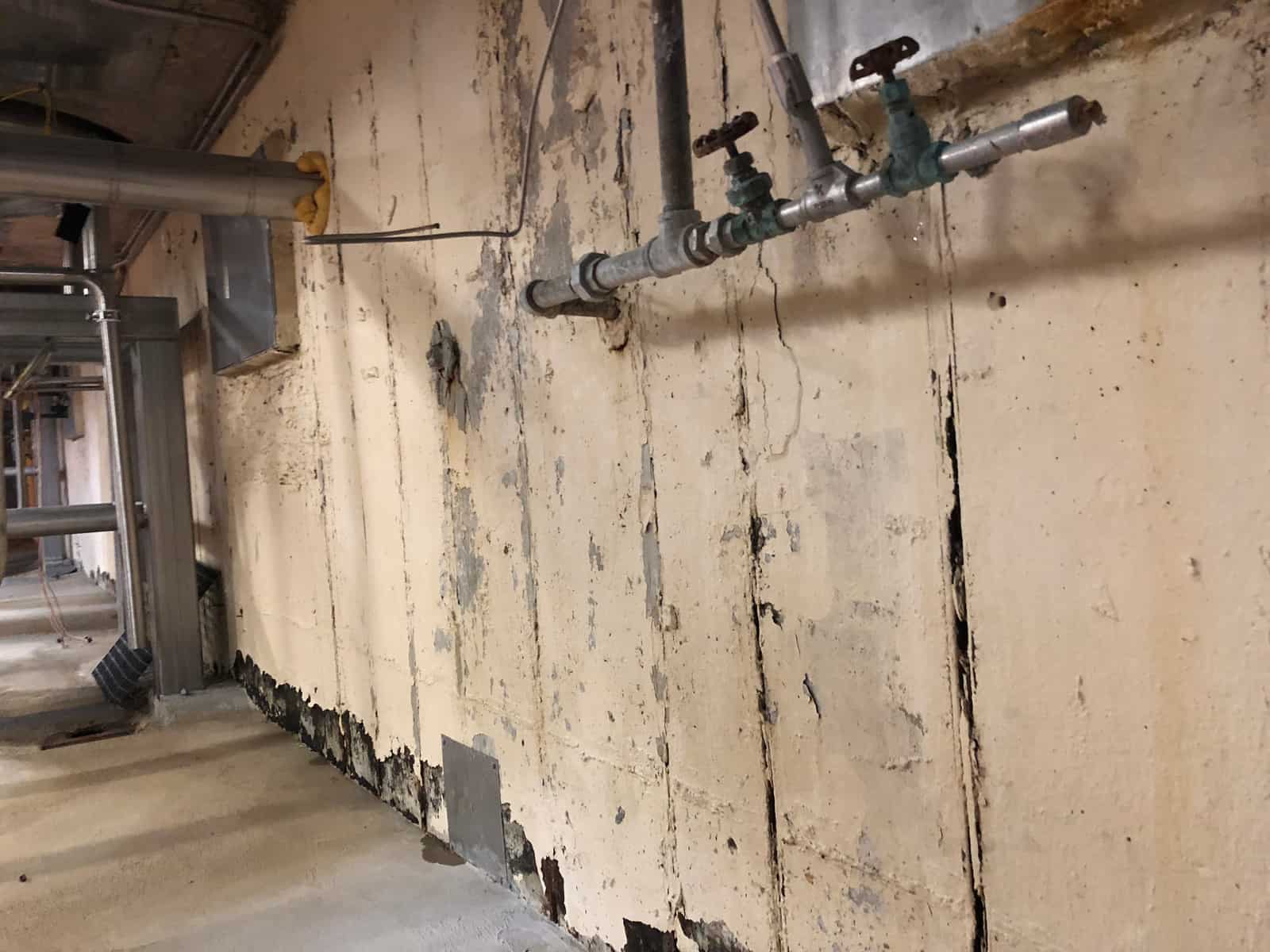 Cracked and stained concrete wall with valves and piping in a plant.
